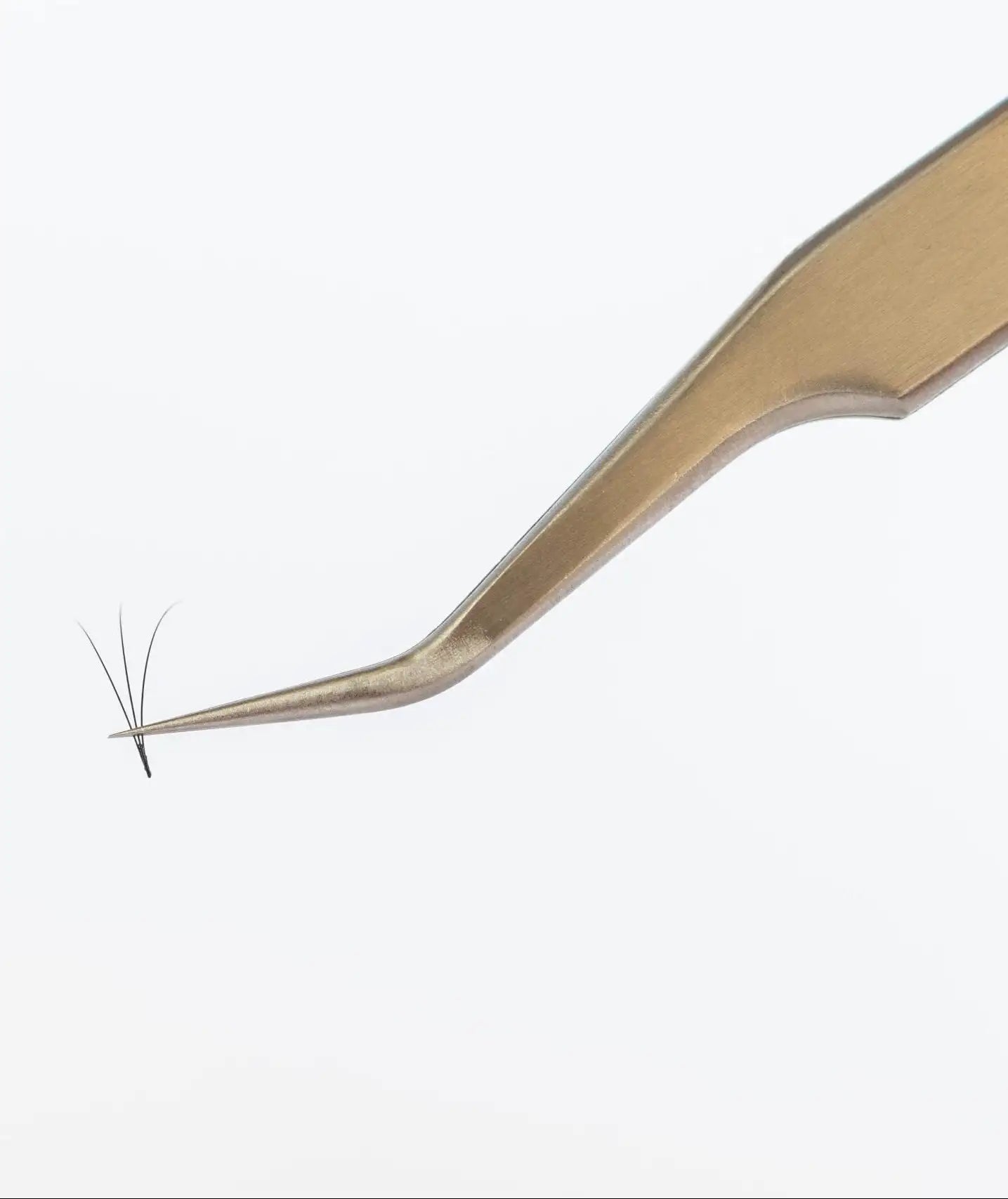 Gold-toned precision tweezers with slender, curved tips delicately holding a single false eyelash.