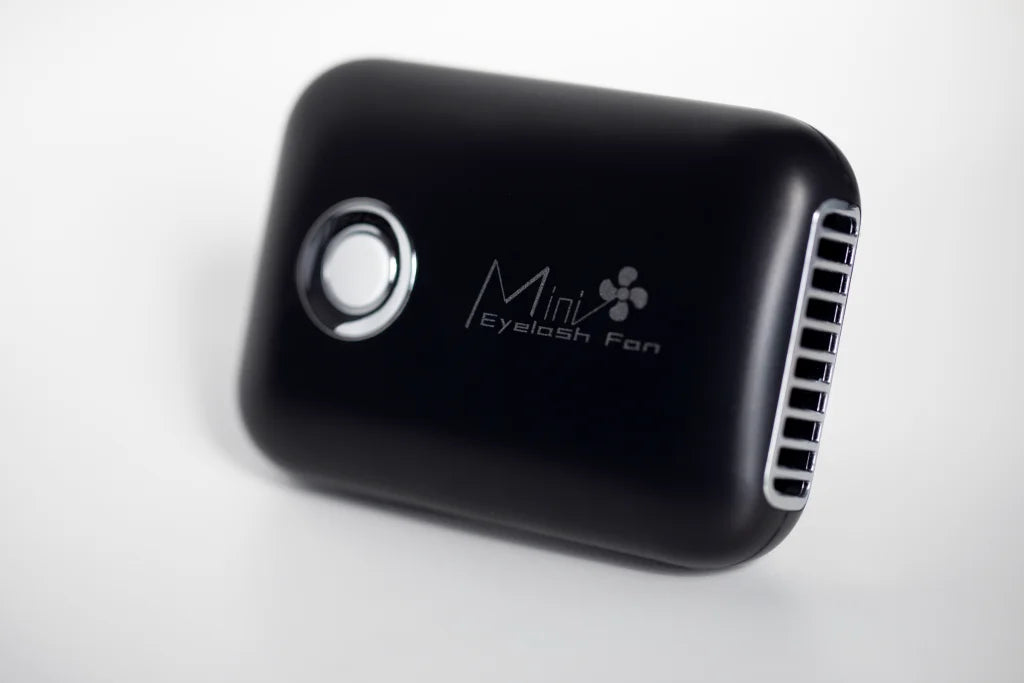 Black mini lash fan with silver accents and compact design for nano mister usb and mister usb lash use