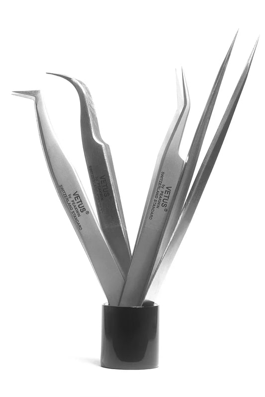 Set of five stainless steel vetus tweezers with curved and straight tips swiss made ideal for allergic reactions and lash techs in Malta