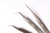 Set of three silver-toned vetus precision tweezers with curved and straight tips hypoallergenic adhesive glue solution for lash techs in malta